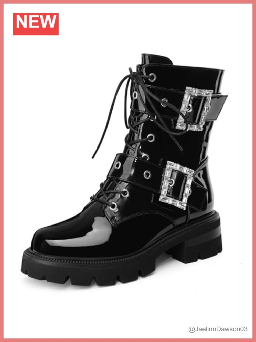 Patent Leather Platform Combat Boots Rhinestone Buckle Ankle Booties Women's